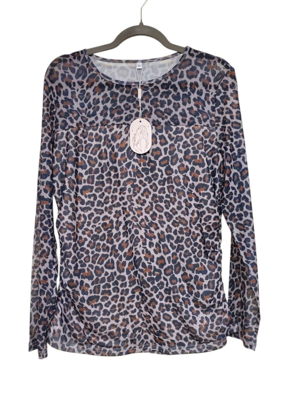 Women's Boutique Brown Black Leopard Animal Print Ruched Sides Mesh Top NWT XL